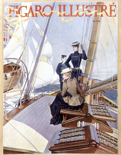 帆船：船甲板上的妇女——画于 1891 年的“费加罗插图”，装饰艺术。 作者 法语学校