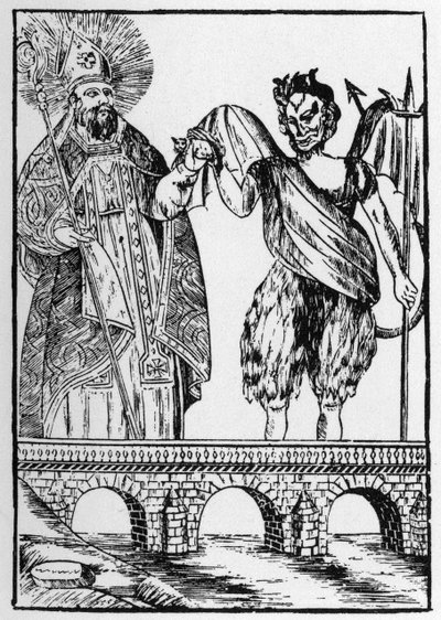 Saint Cado (or Cadoc or Catuod or Catoc or Cazut or Cadochus) legendary saint Christian gives a cat to the devil in exchange for building a bridge - popular images Perret 作者 法语学校