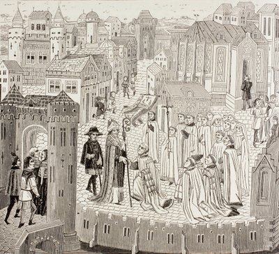 康布拉主教圣格拉杰里克斯（Saint Gaugericus）从保守拉克鲁瓦（Paul Lacroix）的“中世纪军事和宗教生活”中抵达该市接受任命，出版于伦敦1880年 作者 法语学校