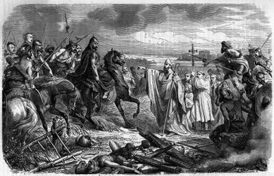 圣Loup（或Saint-Loup，诉383-479），特鲁瓦eveque从匈奴部落的国王阿提拉（诉406-453）在451年的愤怒拯救了城市-野蛮人的入侵-刻在 "Histoire des Papes-King-Queen-and-Empereurs a travers les centuries "由马。 作者 法语学校