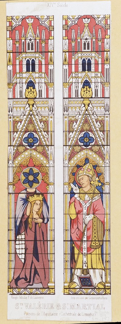 圣瓦莱丽 (Saint Valerie)，利摩日 (Limoges) 的处女和烈士 (3 世纪) 和圣马夏尔 (Saint Martial)，利摩日 (Limoges) 伯爵 (3 世纪)，阿基坦 (Aquitaine) 的守护者。 Fac 比喻复制利摩日大教堂的彩色玻璃窗。 作者 法语学校