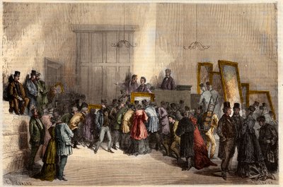 1868年在巴黎的拍卖行酒店进行的绘画拍卖。在 "杰出的世界 "中的雕刻品 作者 法语学校