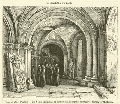 1843 年沙龙展，绘画，《德梅因在巴勒大教堂的水晶棺中搬运坩埚》（雕版印刷） 作者 法语学校