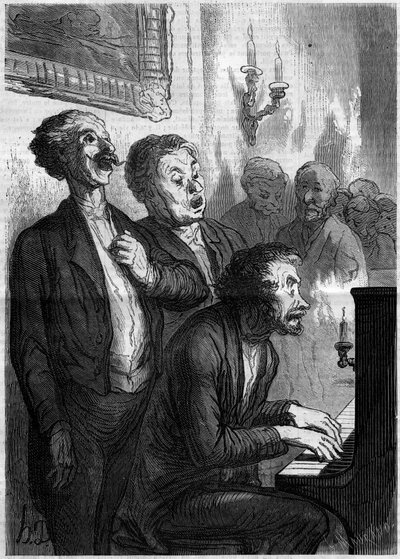 沙龙歌手。奥诺尔-杜米埃（1808-1879）的漫画。1862年11月1日《世界画报》第290期上的版画。 作者 法语学校