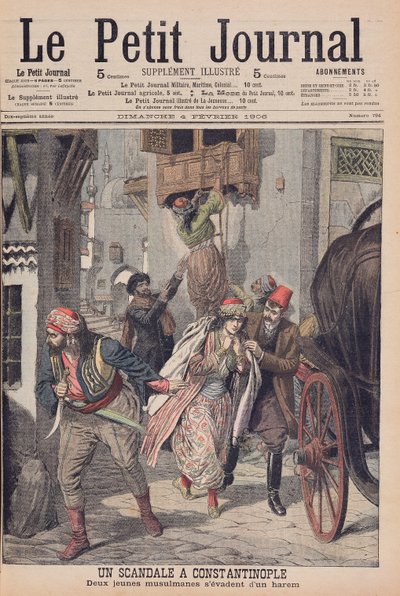 君士坦丁堡的丑闻，两名年轻的穆斯林女士逃离后宫，来自&39;Le Petit Journal&39;的插图，1906年2月4日 作者 法语学校