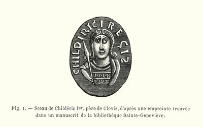克洛维斯之父 Childeric I 的印章，在 Sainte-Genevieve 图书馆的一份手稿中发现的印记（雕刻） 作者 法语学校