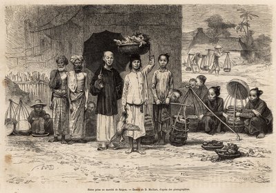 Scene du Marche de Saigon，根据 D.Maillard 的一幅画雕刻，描绘了 Morice 博士于 1872 年绘制的 Cochinchine 航行，发表于 1875 年的“Le tour du monde”，由 Edouard Charton 编辑，巴黎 Hachette 版。 塞尔瓦收藏。 作者 法语学校