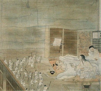 神志不清的场景，12世纪藤原三长的手绘作品的复制品，出自《The Kokka》，1904年4月（彩色平印）。 作者 法语学校