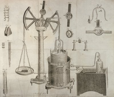 科学装备，来自化学元素的Antoine Laurent de Lavoisier（1743-94），由D. Lizars雕刻，1796年 作者 法语学校