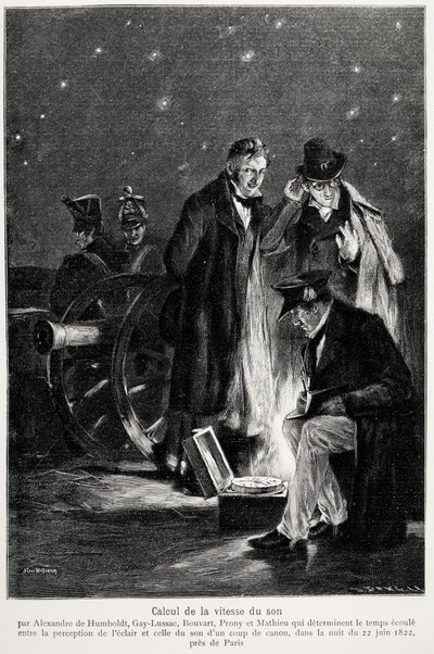 Scientific experiment: the calculation of the speed of sound, by Humboldt, Louis-Joseph Gay-Lussac (Louis Joseph Gay Lussac), Bouvard, Prony and Mathieu, which determine the time elapses between the perception of light and that of a gun shot, on the night  作者 法语学校