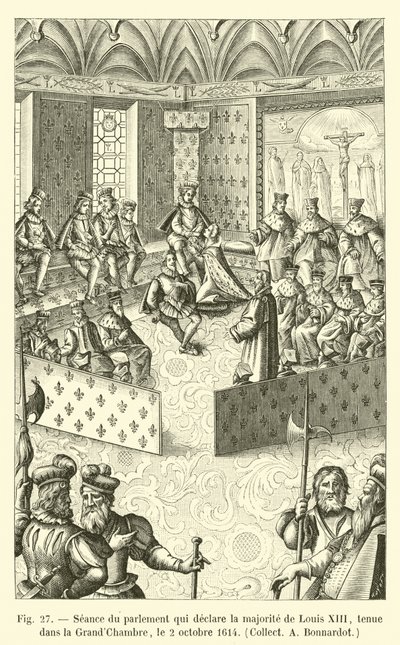 1614年10月2日在大会堂举行的宣布占路易十三大多数的议会议员，收集一名Bonnardot 作者 法语学校