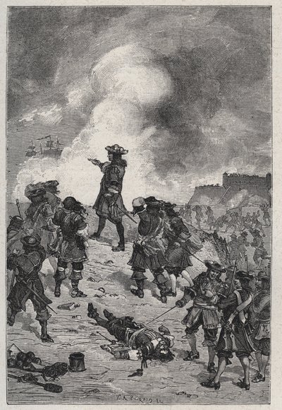 塞巴斯蒂安-普雷斯特-沃邦（Sebastian the Prestre seigneur of Vauban）（1633-1717），1695年，法国海军司令在布雷斯特抵御英国舰队的攻击--路易-大仲马1889年的 "法国名人 "中的雕版画。 作者 法语学校