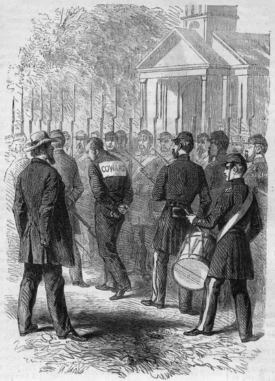 分离战争（1861-1865）或美国内战：对一名被指控在战斗中砍人的北方武器士兵的惩罚。他双手被绑，背上挂着 "Lache "标志，在鼓声中穿过营地。在 "世界插图 "中的雕刻，编号为 作者 法语学校