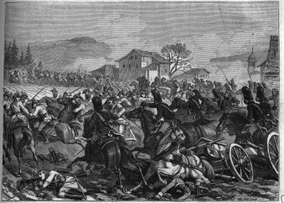 第二次联盟（1798-1800）。1800年5月3日法奥对峙的斯托卡赫战役--1865年路易-阿道夫-梯也尔的《领事馆和帝国史》中的版画--第二次联盟战争（1798-1800）：斯托卡赫和恩根战役打响 作者 法语学校