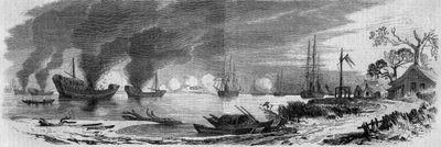 英法与中国之间的第二次鸦片战争（1858-1860）。满载燃烧物的中国船队对英法舰队发起攻击。中国 作者 法语学校