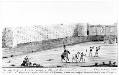 巴黎右岸城墙的一部分建于1190年至1209年之间，按照Philippe II Auguste的命令，18世纪晚期（纸上写着） 作者 French School