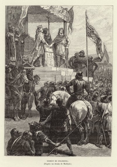 Serment de Strasbourg. Oaths of Strasbourg, the alliance between Louis the German and Charles the Bald, Kings of East and West Francia, 842 (engraving) 作者 法语学校