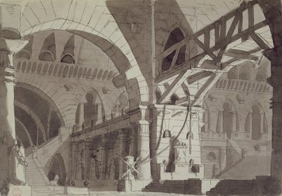 以Piranesis监狱图纸设计的设计，c.1800（笔，水墨和水洗） 作者 法语学校