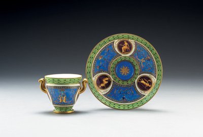 Sevres bleu celeste和浅绿色地面两柄杯碟，1790年 作者 法语学校