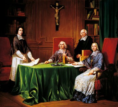 1697 年在 Jacques Benigne Bossuet（莫城主教）、Louis-Antoine Noailles（沙隆主教）和 Francois Fenelon（康布雷大主教）之间举行的 Issy 会议签署条款 作者 法语学校