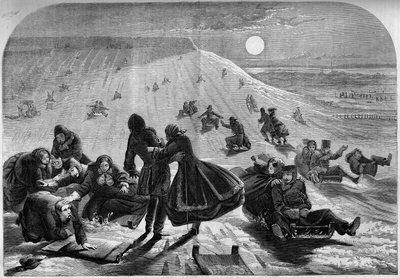 1859年冬，加拿大蒙特利尔的雪橇下行。1859年2月26日《世界画报》第98期上的版画。 作者 法语学校