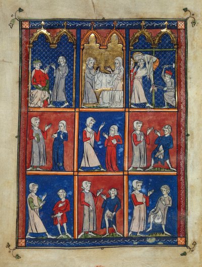 Sloane 1977，f.7v 《Chirurgia》：亚利米忒亚的约瑟夫索要基督的尸体，约瑟夫和一名带着葬礼亚麻布的女人，以及沉积物，下面是两名妇女向医生展示患病的乳房，以及四名患有各种生殖器疾病的男子。 作者 法语学校
