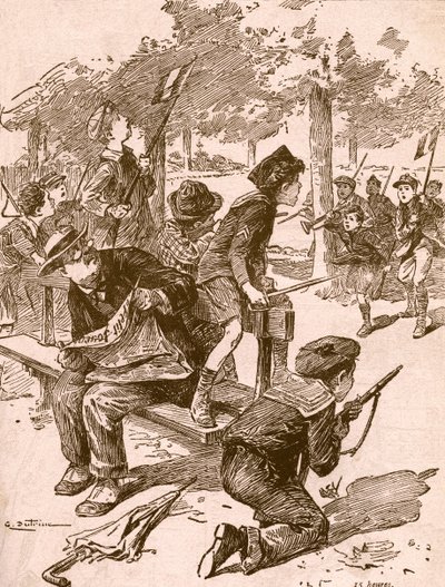 第一次世界大战期间，小男孩在法国玩战争游戏。 摘自 1917 年出版的《Buvard du Bon Marche 议程》。 作者 法语学校