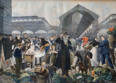 早晨在Les Halles市场的汤摊，来自《小报》的插图，1897年3月2日--巴黎的la soup aux Halles le matin--Fortune-Louis Meaulle根据Jean Jacques Rousseau（1861-1911）的作品雕刻的。 作者 法语学校
