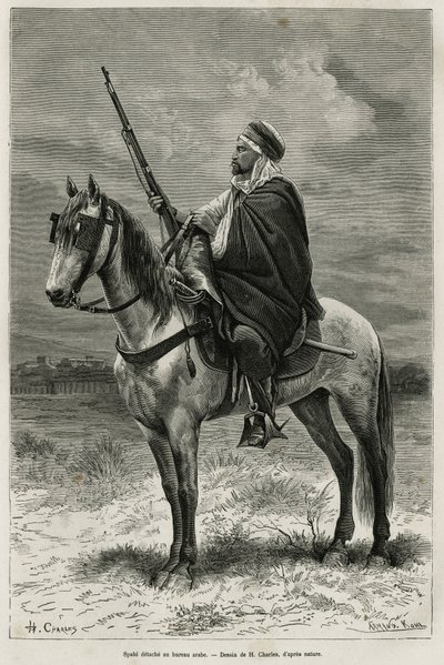 Spahi, efficient rider and dread contributing to the conquest of Algeria, at the service of France, detaches at the Arab office, engraving after a drawing by H.Charles, to illustrate the story Tebessa and its monuments (Algeria), by A. Heron de Villefosse, 作者 法语学校