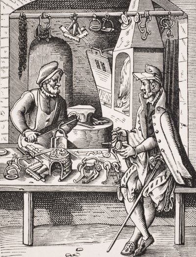 刺客制造者，由Jost Amman（1539-91）从&39;中世纪和文艺复兴时期&39;由Paul Lacroix（1806-84）出版的木版画复制品1847年发行（版画） 作者 法语学校