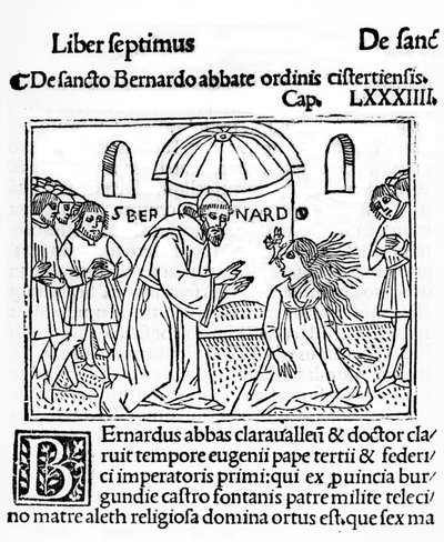 克莱尔沃的圣伯纳德驱逐一个拥有的女人，来自La Vie des Saints的插图出版1506 作者 法语学校
