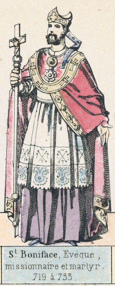 圣博尼法斯，主教、传教士和殉道者，719年至735年（彩色雕刻）。 作者 法语学校