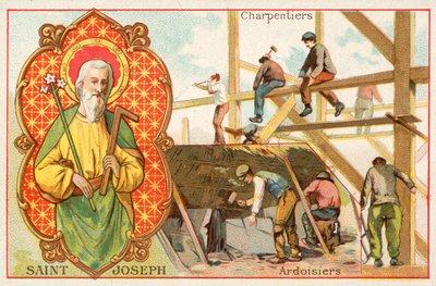 St Joseph, patron saint of carpenters and roofers (chromolitho) 作者 法语学校