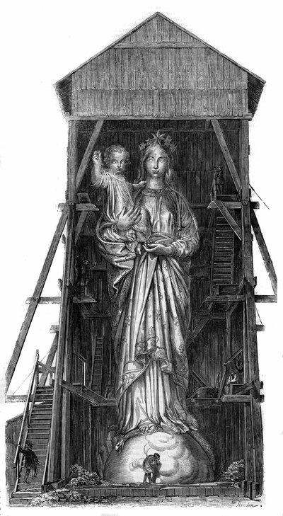 Statue of Notre Dame de France at Puy en Velay (Puy-en-Velay) in Haute Loire (43): model of the statue to be melted from the iron from the canons taken in Sebastopol. The statue was completed in 1860 and was 16m high. From a photograph. Engraving in “” Le  作者 法语学校