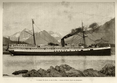 汽船女王，在锡特卡港（美国阿拉斯加州）。 Bocher 雕刻，1890 年，Le tour du monde，新航海杂志，Edouard Charton（1807-1890 年）编辑，1891 年第二学期，巴黎阿歇特版。 作者 法语学校