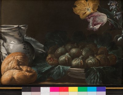 静物与无花果，水罐，鲜花和面包盘子，1740-50 作者 法语学校