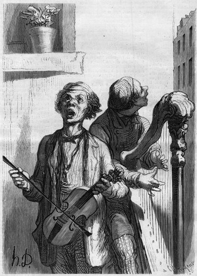 街头歌手。霍诺尔-道米埃（1808-1879）的漫画。1862年12月20日《世界画报》第297期上的版画。 作者 法语学校