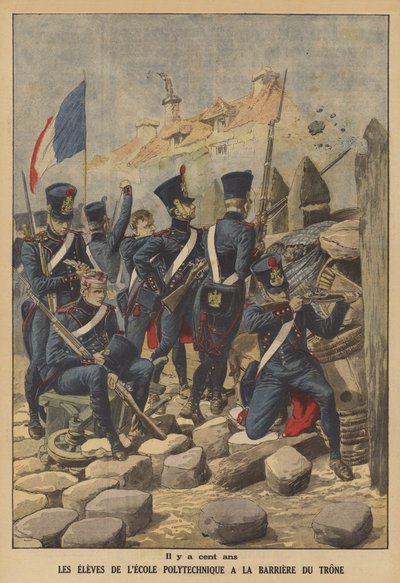 1814 年，巴黎综合理工学院的学生保卫巴黎大门之一的 Barriere du Trone（彩色石版画） 作者 法语学校