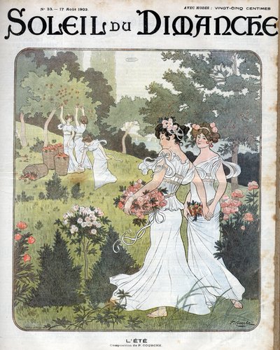 夏日寓言：身着白裙的妇女在花园里手捧玫瑰花篮，其他人则在果园里采摘苹果 作者 法语学校