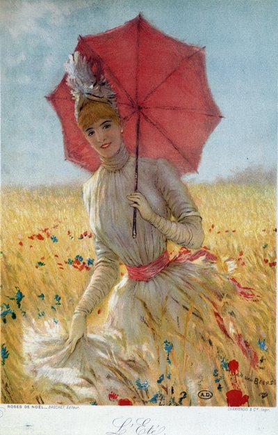 夏天：在麦田里打伞的年轻女子 - 绘画，19 世纪末 作者 法语学校