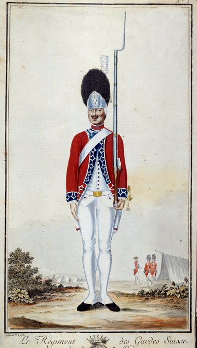 瑞士卫队。 1779 年“路易十六时期法国军队军服概要”版画版画 16。尺寸 0.23x0.16 米。 巴黎，军事博物馆 作者 French School