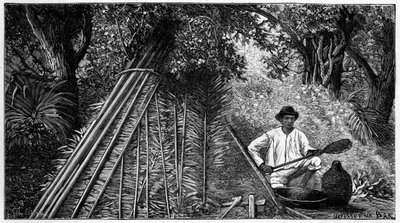 从事吸食乳胶成型橡胶的Syringuero。1898年的雕刻。 作者 法语学校