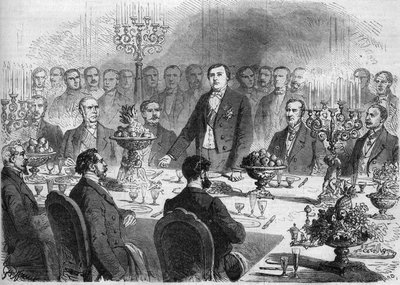 1864年2月11日，苏伊士运河的股东们在巴黎工业宫为德-莱塞普斯先生举行的宴会上的荣誉餐桌。目前，从左至右：参议员安德烈-玛丽-让-雅克（Jean-Jacques）-杜平（1783-1865）（杜平 作者 法语学校