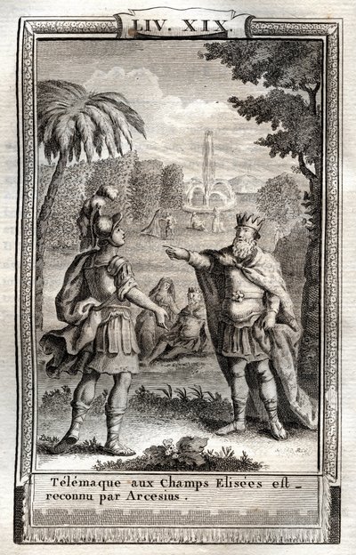 泰勒马科斯在香榭丽舍被阿克塞斯认可--1798年在莫内之后的雕刻，由弗朗索瓦-德-萨利尼亚克-德-拉莫特-费内隆的《泰勒马科斯的冒险》（Telemachus的冒险）--。 作者 法语学校