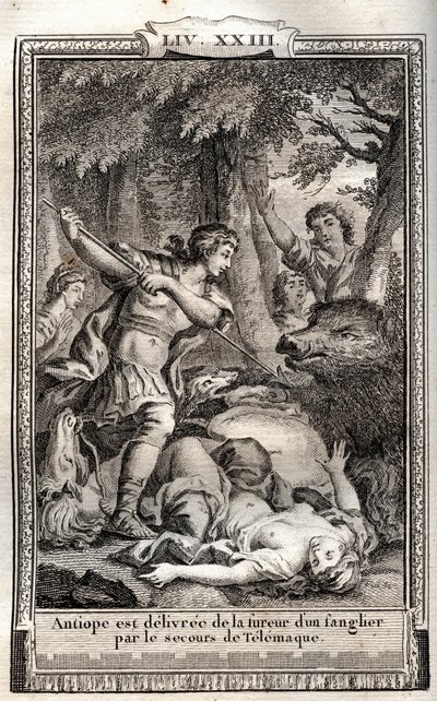 Telemaque给Antiope送去一头野猪--1798年Monnet在Francois de Salignac de La Mothe-Fenelon dit Fenelon的 "Les Aventures de Telemaque, fils d
