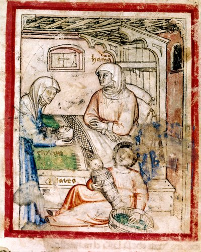 Thamar（添马舰）生下两个双胞胎，Perets和Zerah，犹大的儿子，来自codex 212的缩影（或padovano codice或Padua的圣经）1390-1400 作者 法语学校