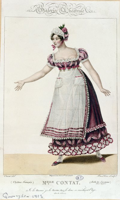 女演员Mademoiselle Contat在Suzanne的角色中扮演费加罗的婚姻由Pierre Augustin Caron de Beaumarchais（1732-99） 作者 法语学校