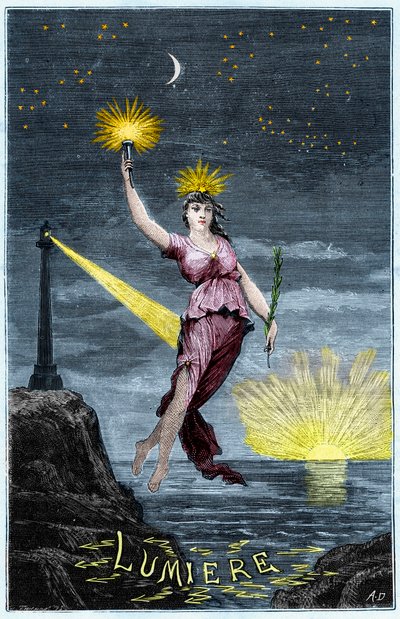 光的寓言 - Allegorie de la Lumiere - 亚历克西斯·克莱尔 (Alexis Clerc) 的“科学向所有人开放 - 物理和化学”中的雕刻 - 19 世纪末 - 私人收藏 作者 法语学校