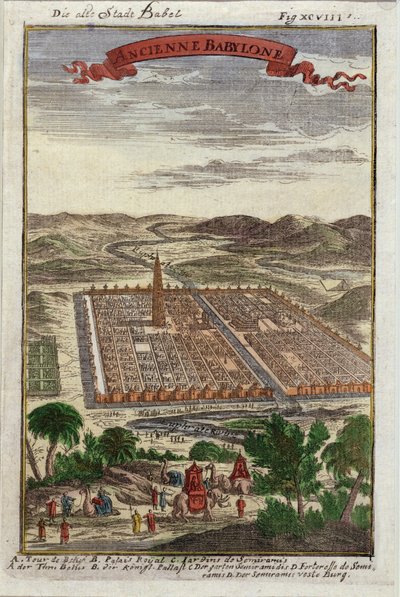 巴别的古镇，来自描述的插图de lUnivers by Allain Manesson Mallet（1630-1706）出版巴黎，1683年 作者 法语学校