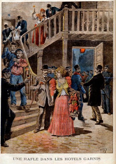 在巴黎的旅馆（寄宿处）逮捕妓女--在旅馆里进行的围捕--载于1895年8月4日的《小报》（雕刻）。 作者 法语学校